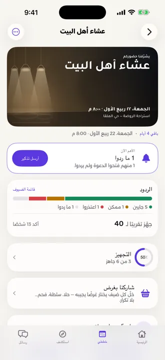 لوحة العزيمة: بطاقة الدعوة، وشريط الردود، ونسبة التجهيز